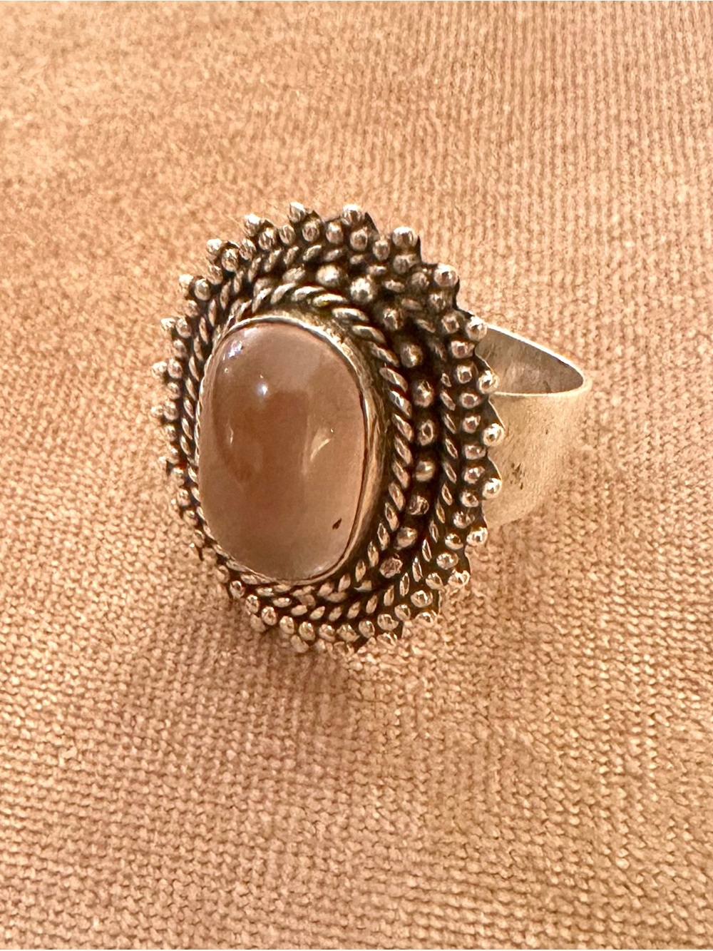 Sterling Silver Beige Cabochon Statement Ring